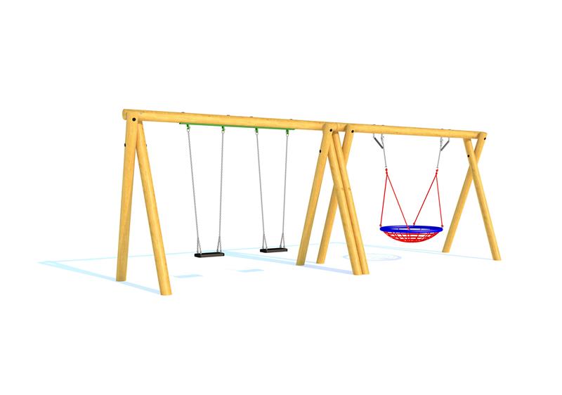 Technical render of a Timber Swing (2.4M) with Two Flat Seats and One Group Seat